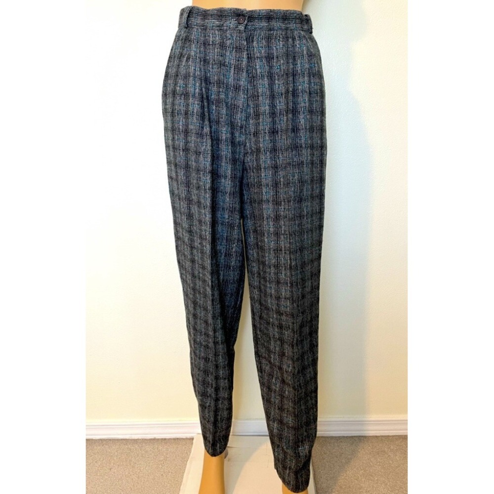Womens 80s 90s Vintage Wool High Rise Pants Sz 12 Grey Black Blue Pleated Plaid